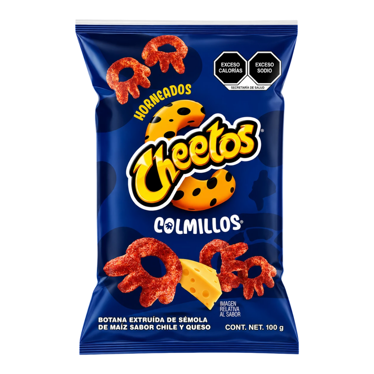 Dulceria 915 Cheetos Colmillos baked corn snacks with chile and cheese flavor, 100g bag.