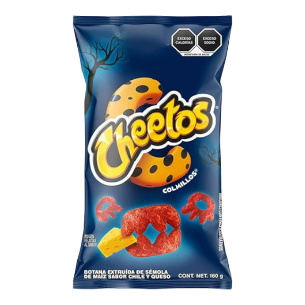 Dulceria 915 Cheetos Colmillos bag featuring cheesy and spicy corn snacks with a baked crunch.
