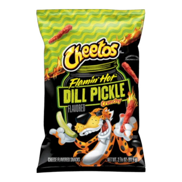 Dulceria 915 Cheetos Flamin' Hot Dill Pickle crunchy cheese flavored snacks bag with Chester Cheetah.
