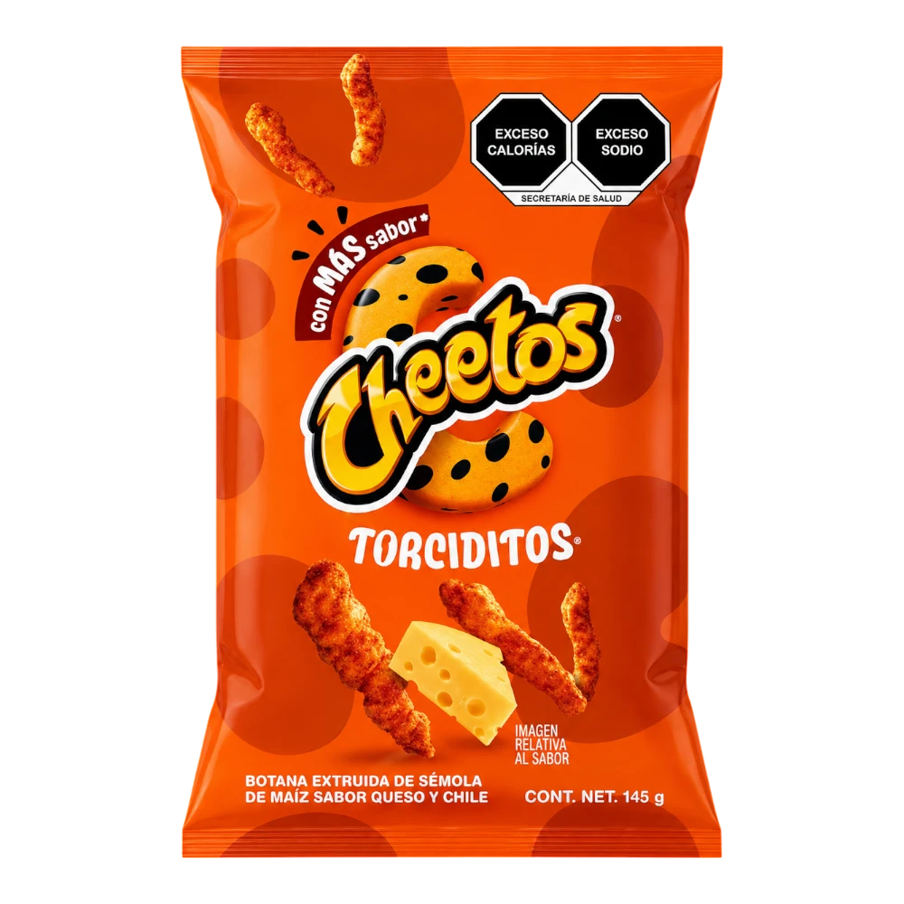 Dulceria 915 Cheetos Torciditos twisted cheese and chili flavored corn snacks, 145g bag.