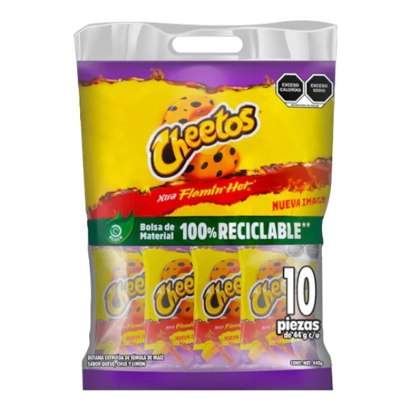 Dulceria 915 Cheetos Xtra Flaming Hot snack pack, 10 individual bags, 44g each, 440g total. Corn extrudate with chili and lime flavor.
