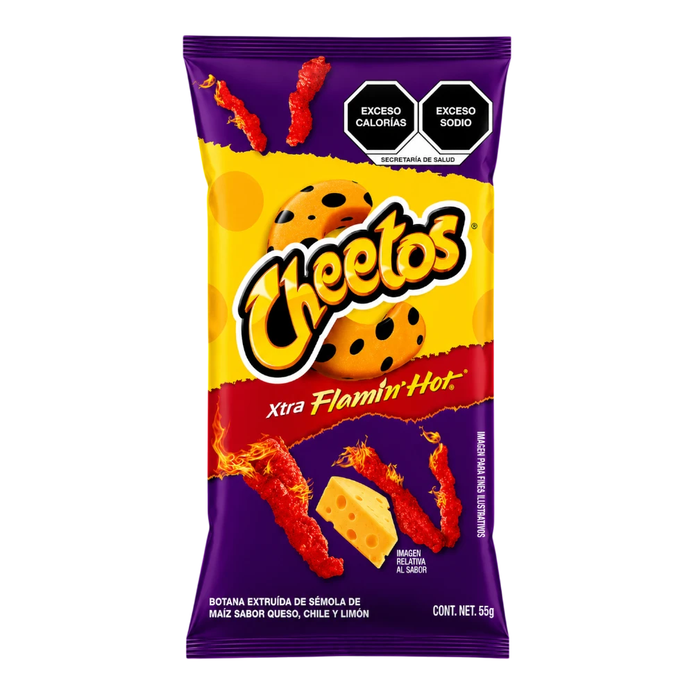Dulceria 915 Cheetos Xtra Flamin' Hot crunchy cheese and chili lime flavored corn puffs, 55g bag
