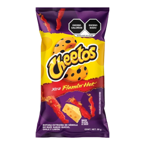 Dulceria 915 Cheetos Xtra Flamin' Hot snack bag with cheese and chili imagery. 58g.