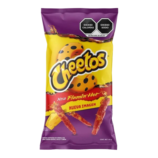 Dulceria 915 Cheetos Xtra Flamin' Hot snacks, 145g bag with cheesy, spicy chili and lime flavor.