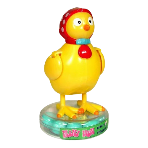 Dulceria 915 yellow chick candy dispenser with red polka dot headscarf and blue collar