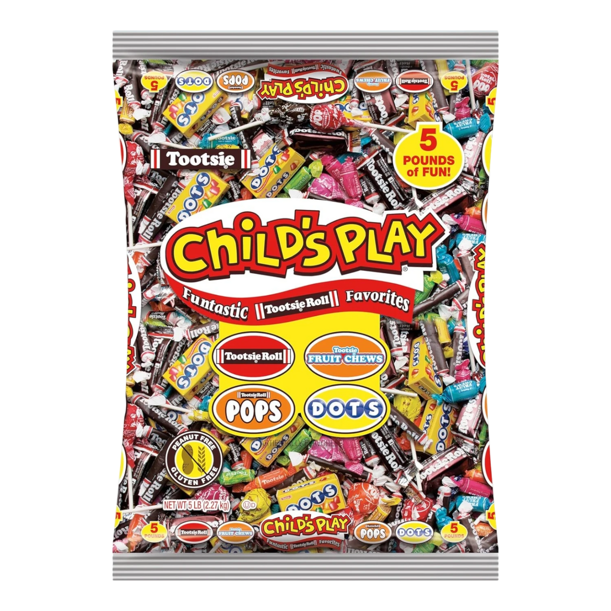 Dulceria 915 Child's Play 5lb bag of assorted Tootsie Roll candies, including Tootsie Pops, Dots, Fruit Chews, and Snack Bars.