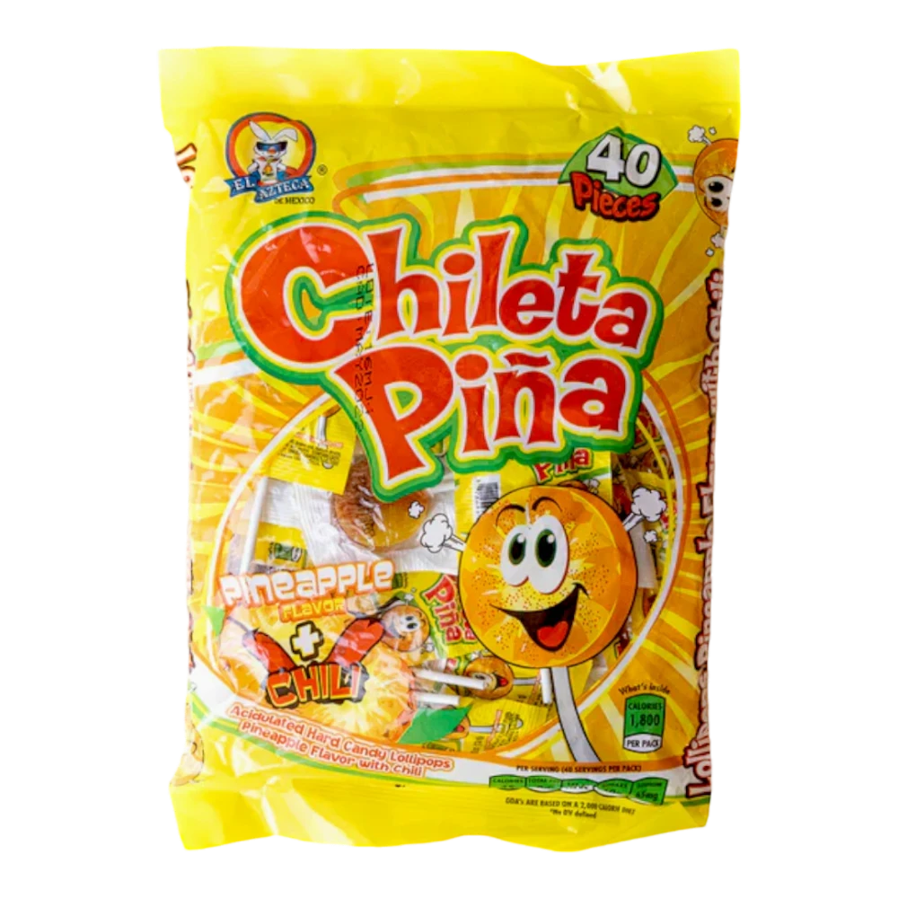 Dulceria 915 Azteca Chileta Piña pineapple and chili flavored hard candy lollipops, 40 pieces.