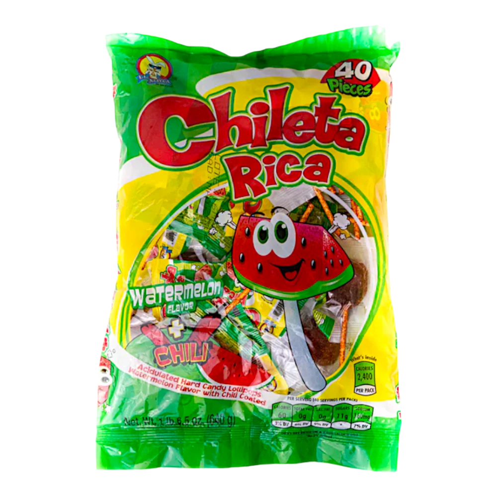 Dulceria 915 Chilleta Rica watermelon and chili flavored hard candy lollipops, 40 pieces.