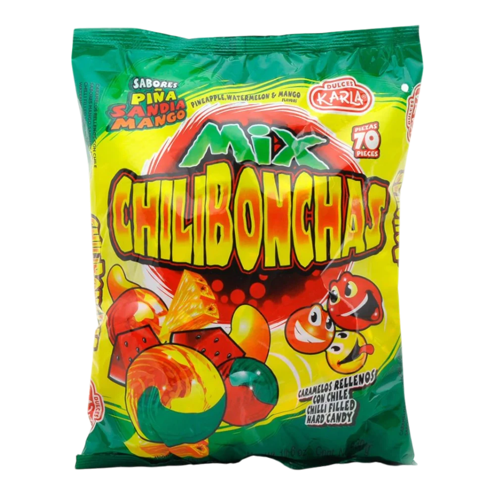 Dulceria 915 Chilibonchas Mix, chili-filled hard candy with pineapple, watermelon, and mango flavors. Bag contains 70 pieces.