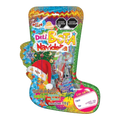 Dulceria 915 Deli Bota Navideña Christmas stocking filled with assorted candies, cookies, and small toys. Features a Santa hat and festive decorations.