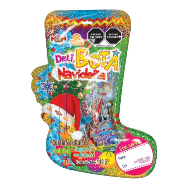 Dulceria 915 Deli Bota Navideña Christmas stocking filled with assorted candies, cookies, and small toys. Features a Santa hat and festive decorations.