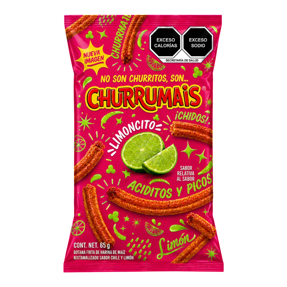 Dulceria 915 Churromais Limoncito corn puffs with chili and lime flavor, 65g bag.