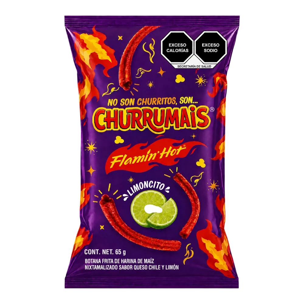 Dulceria 915 Churrumais Flamin' Hot corn snacks with chili and lime seasoning. Crunchy, fiery, tangy, 65g bag.