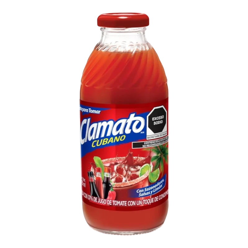 Dulceria 915 Clamato Cubano tomato juice beverage in a glass bottle, 473ml. Bold flavor with lime and chili accents.