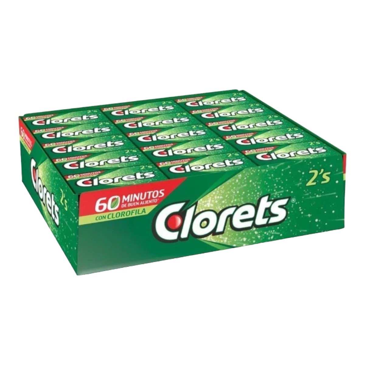 Dulceria 915 Clorets 2's gum box with 60 minutes of fresh breath and chlorophyll.