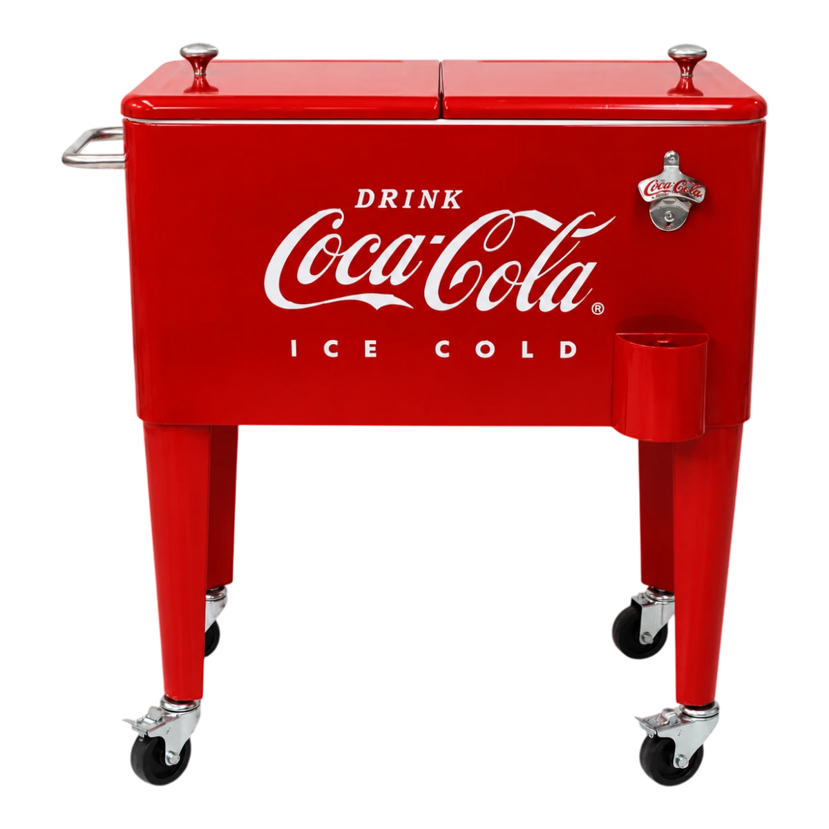 Dulceria 915 Coca-Cola 60 quart red metal ice chest cooler with wheels and bottle opener.