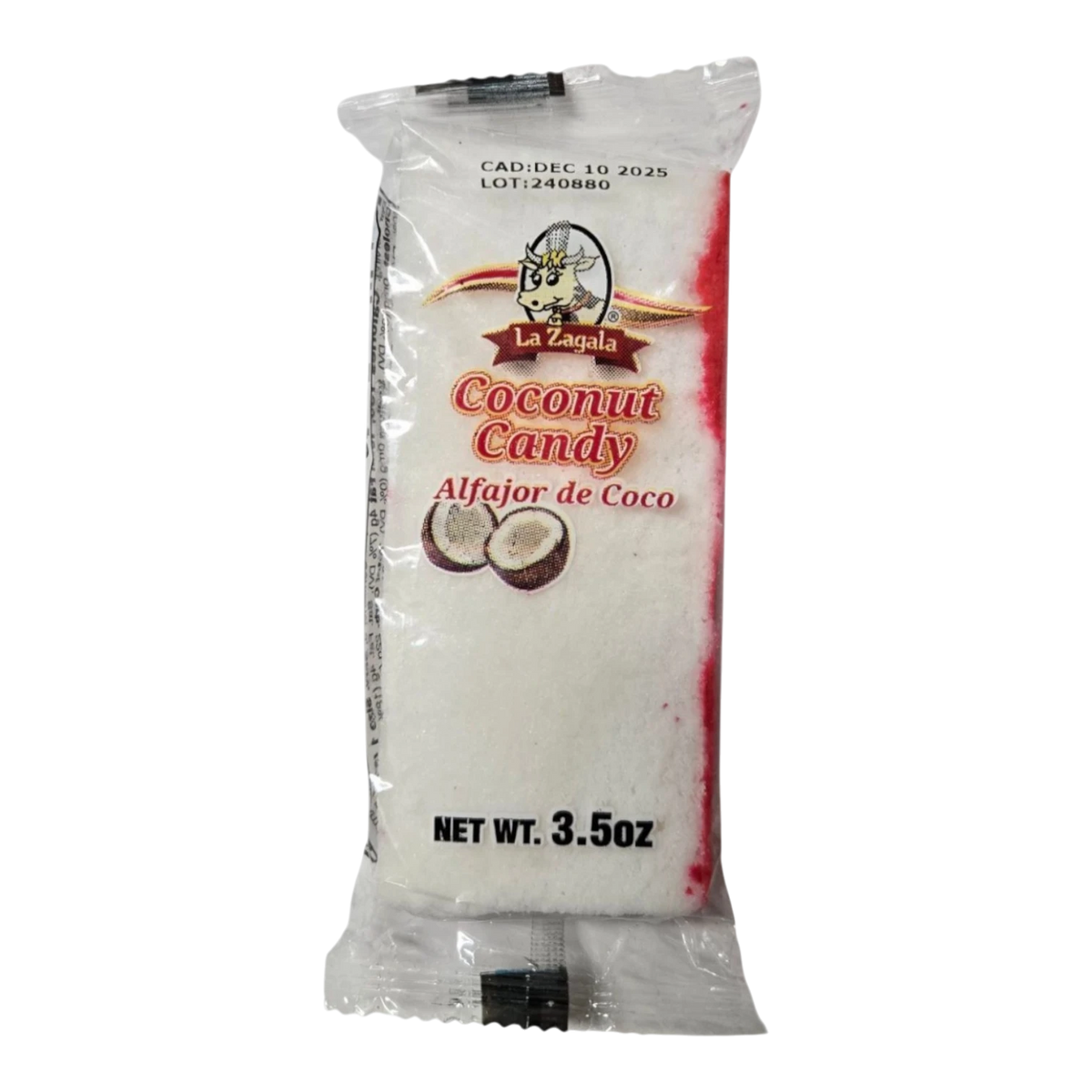 Dulceria 915 white coconut alfajor candy bar with red edges, decorated with vegetable paint.