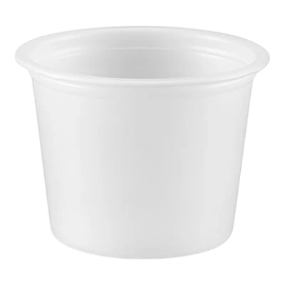 Dulceria 915 1oz translucent white plastic condiment cups for sauces, dips, and samplers. Pack of 125.