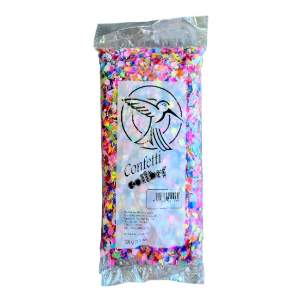 Dulceria 915 Confetti Colibri, a 100g bag of colorful confetti in various shapes and sizes, perfect for celebrations.
