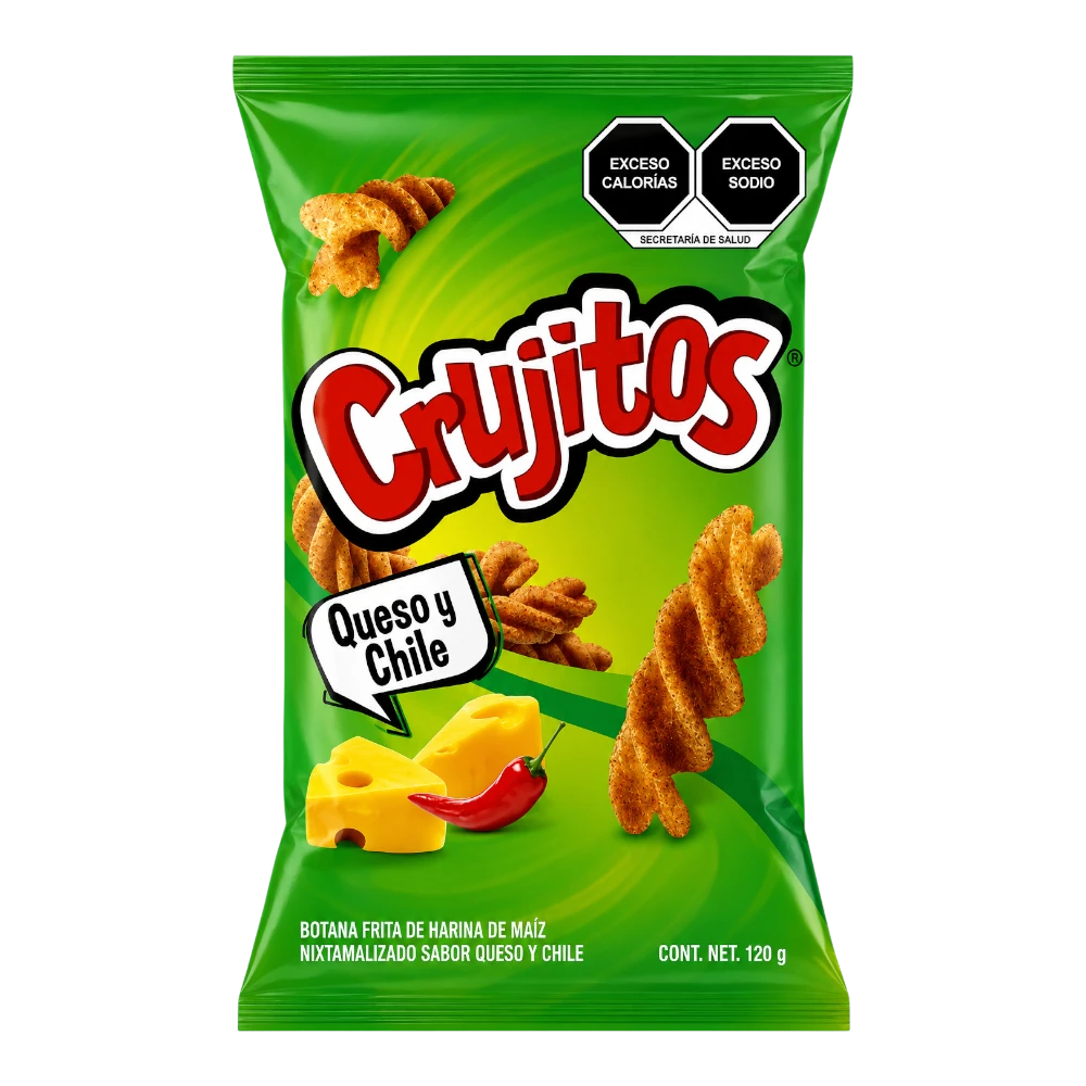 Dulceria 915 Crujitos Queso y Chile corn snacks, 120g bag with cheese and chili pepper imagery.