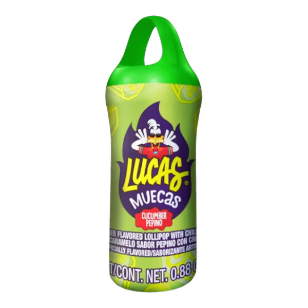 Dulceria 915 Lucas Muecas cucumber flavored lollipop with chili powder. Green bottle with cartoon character.
