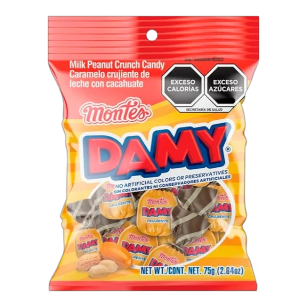 Dulceria 915 Damy Milk Peanut Crunch Candy, 75g bag with individual wrapped candies featuring peanuts and chocolate.