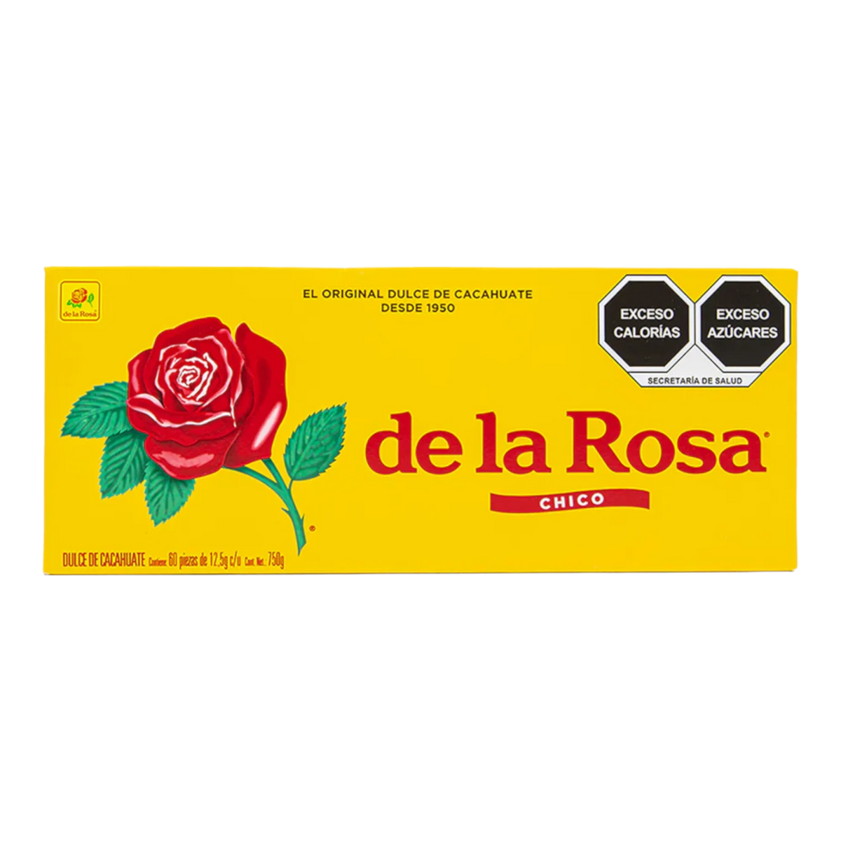 Dulceria 915 de la Rosa Chico peanut candy box with a red rose graphic. Contains 60 pieces.