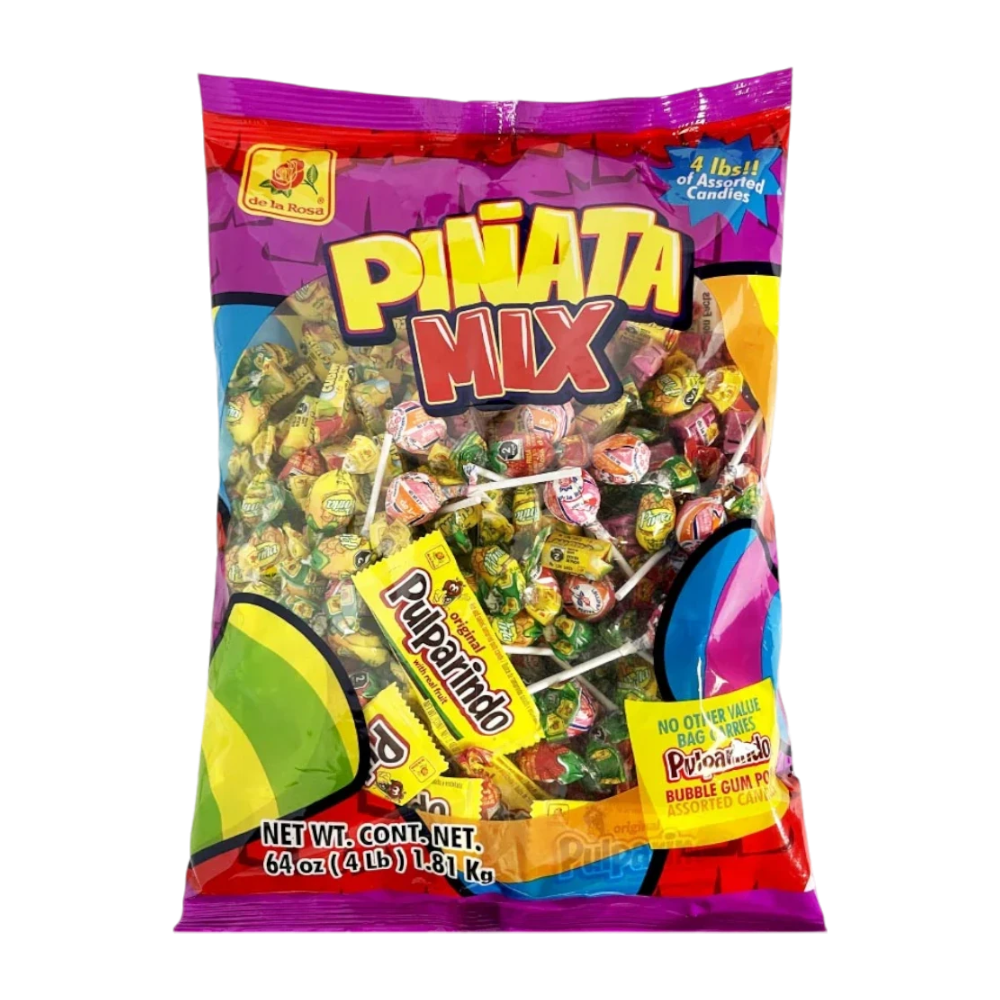 Dulceria 915 De la Rosa 4lb pinata candy mix featuring assorted lollipops and Pulparindo tamarind treats in a bag.