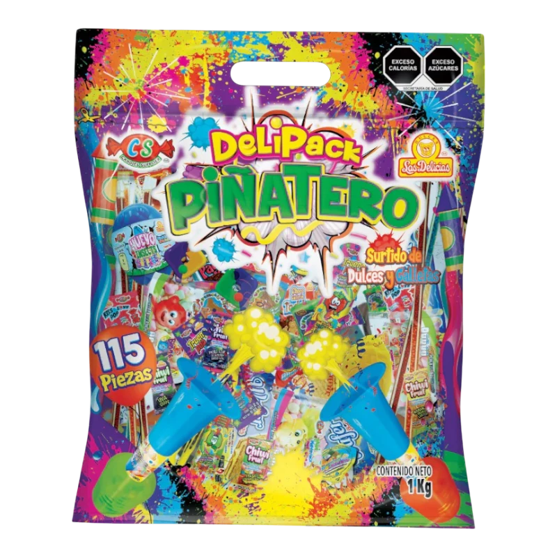 Dulceria 915 Delipack Piñatero assorted candy bag with 115 pieces and 1kg net weight, featuring colorful designs and party elements.