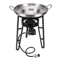 Dulceria 915 Disco & Burner, a stainless steel paella pan on a black metal stand with a propane burner and hose.