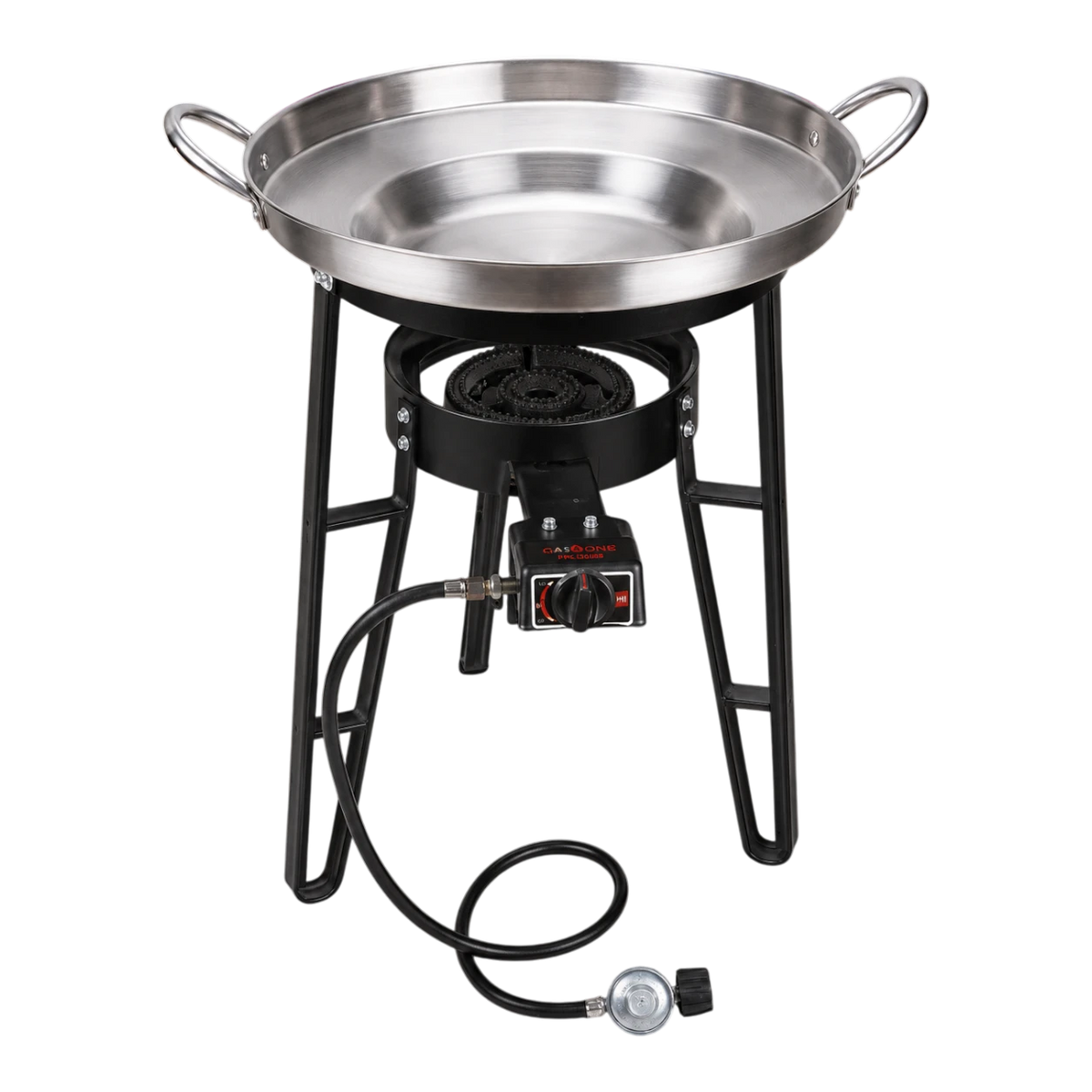 Dulceria 915 Disco & Burner, a stainless steel paella pan on a black metal stand with a propane burner and hose.