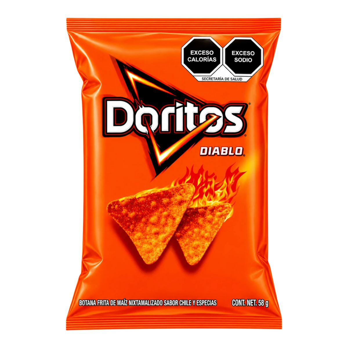 Dulceria 915 Doritos Diablo spicy tortilla chips, 58g bag with flaming chips graphic.