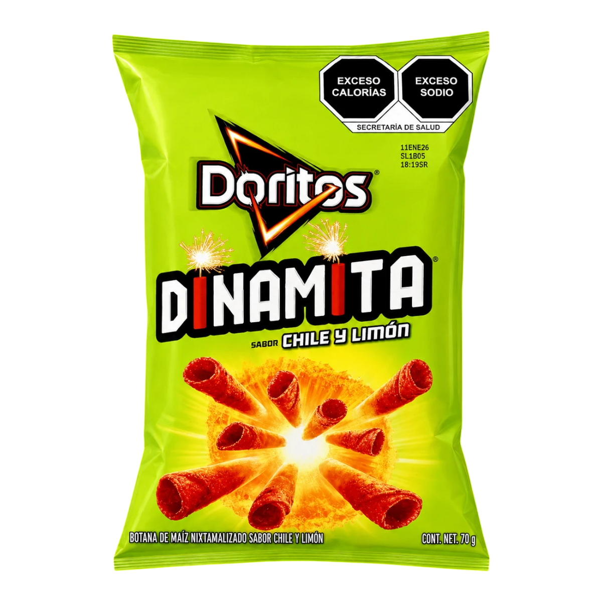 Dulceria 915 Doritos Dinamita Chile y Limon rolled tortilla chips with a spicy lime flavor. 70g bag.