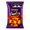 Dulceria 915 Doritos Dinamita Flamin' Hot rolled corn tortilla chips, 70g bag with fiery cheese, chili, and lime flavor.