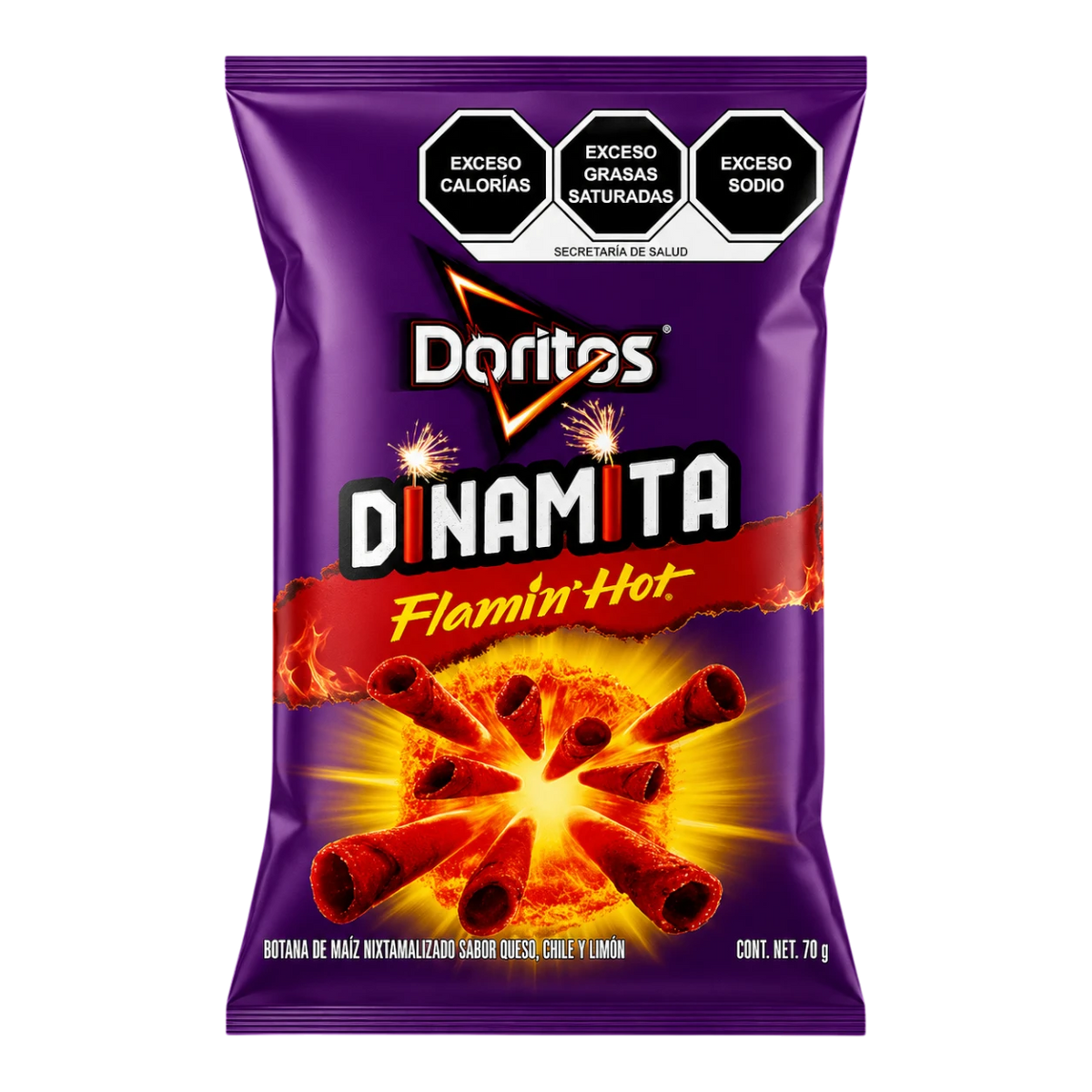 Dulceria 915 Doritos Dinamita Flamin' Hot rolled corn tortilla chips, 70g bag with fiery cheese, chili, and lime flavor.