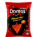 Dulceria 915 Doritos Flamin Hot Spicy Cheese tortilla chips, 40g bag with a fiery design and images of cheese and chili peppers.