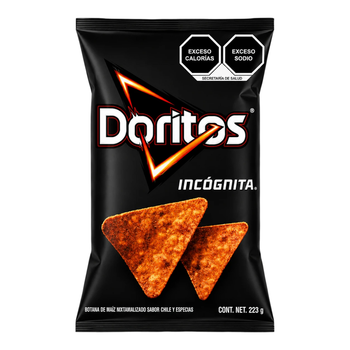 Dulceria 915 Doritos Incógnita smoky spicy chili and spice flavored tortilla chips, 223g bag.
