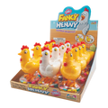 Dulceria 915 Fancy Henny gumball dispensers in yellow and white plastic shaped like hens with red combs, filled with candy eggs.