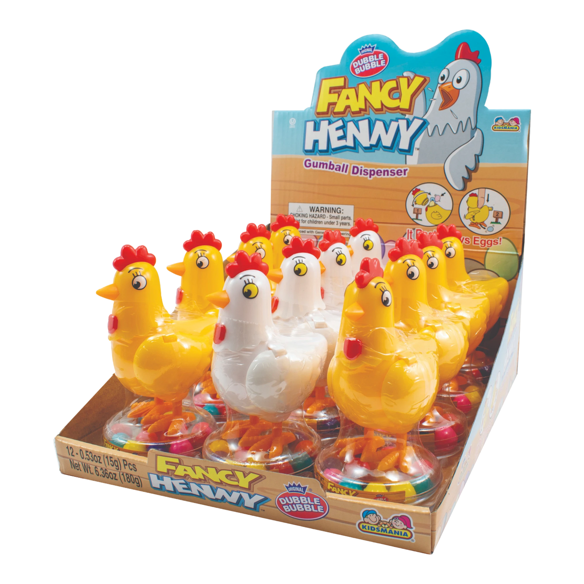 Dulceria 915 Fancy Henny gumball dispensers in yellow and white plastic shaped like hens with red combs, filled with candy eggs.