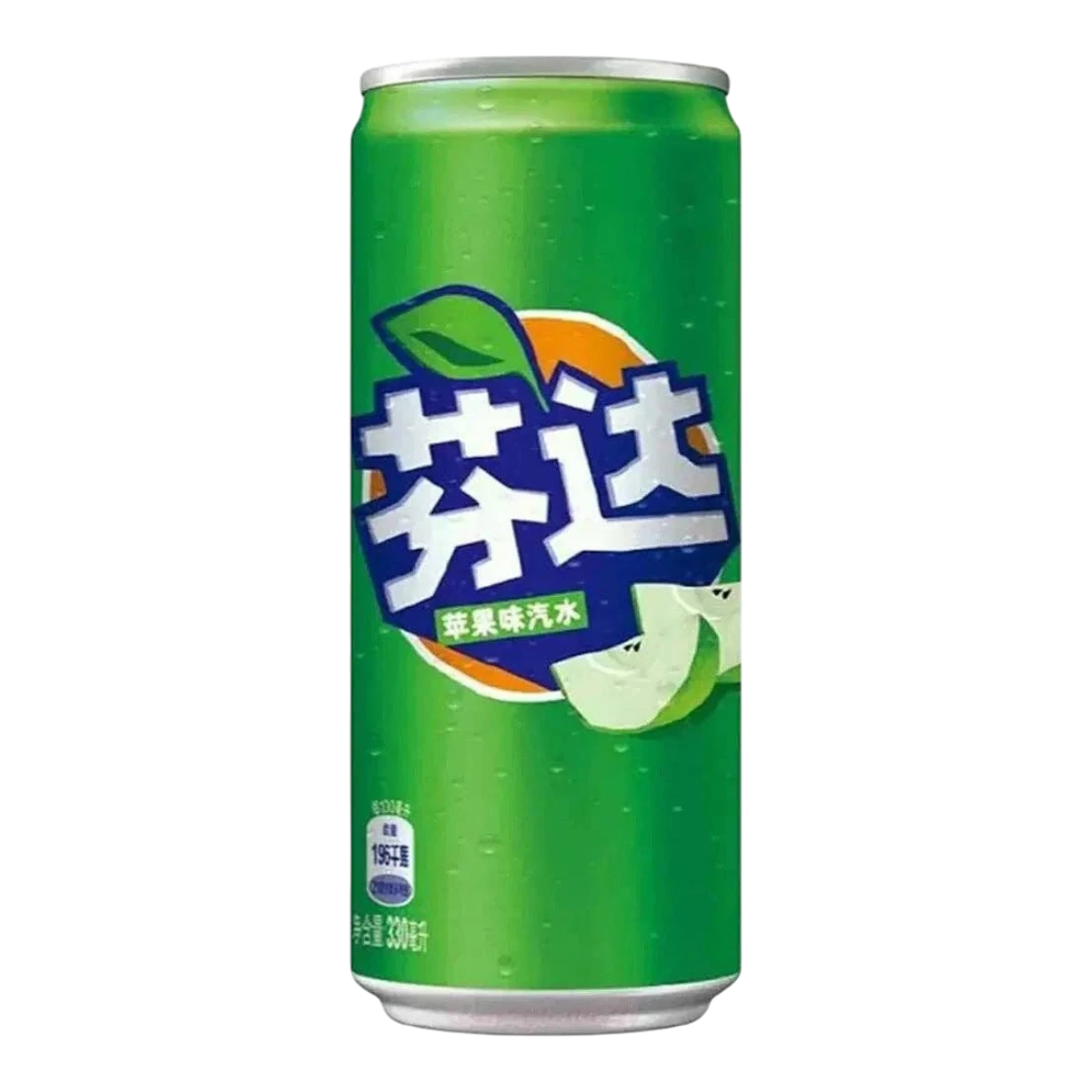 Dulceria 915 Fanta Apple 330ml can with green and orange branding and apple graphics. Crisp, refreshing beverage.