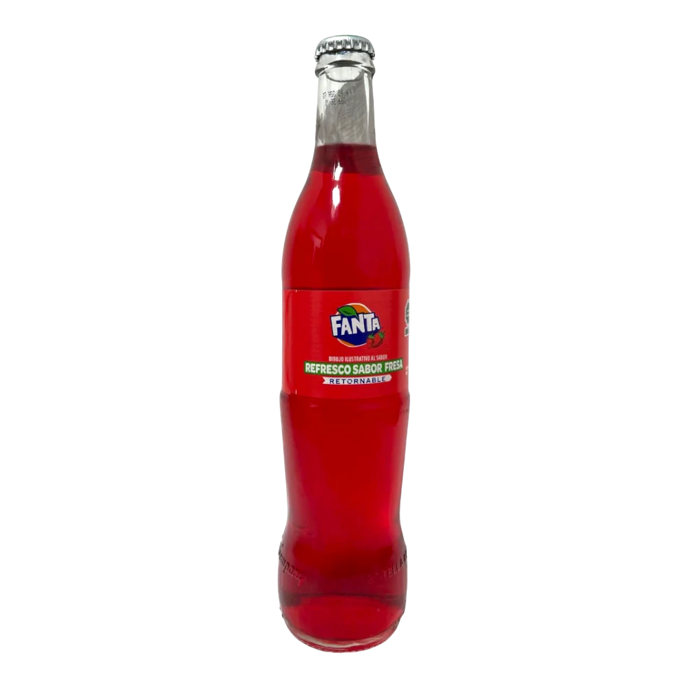Dulceria 915 Fanta Fresa strawberry soda in a glass bottle, 500 ml, from Mexico.