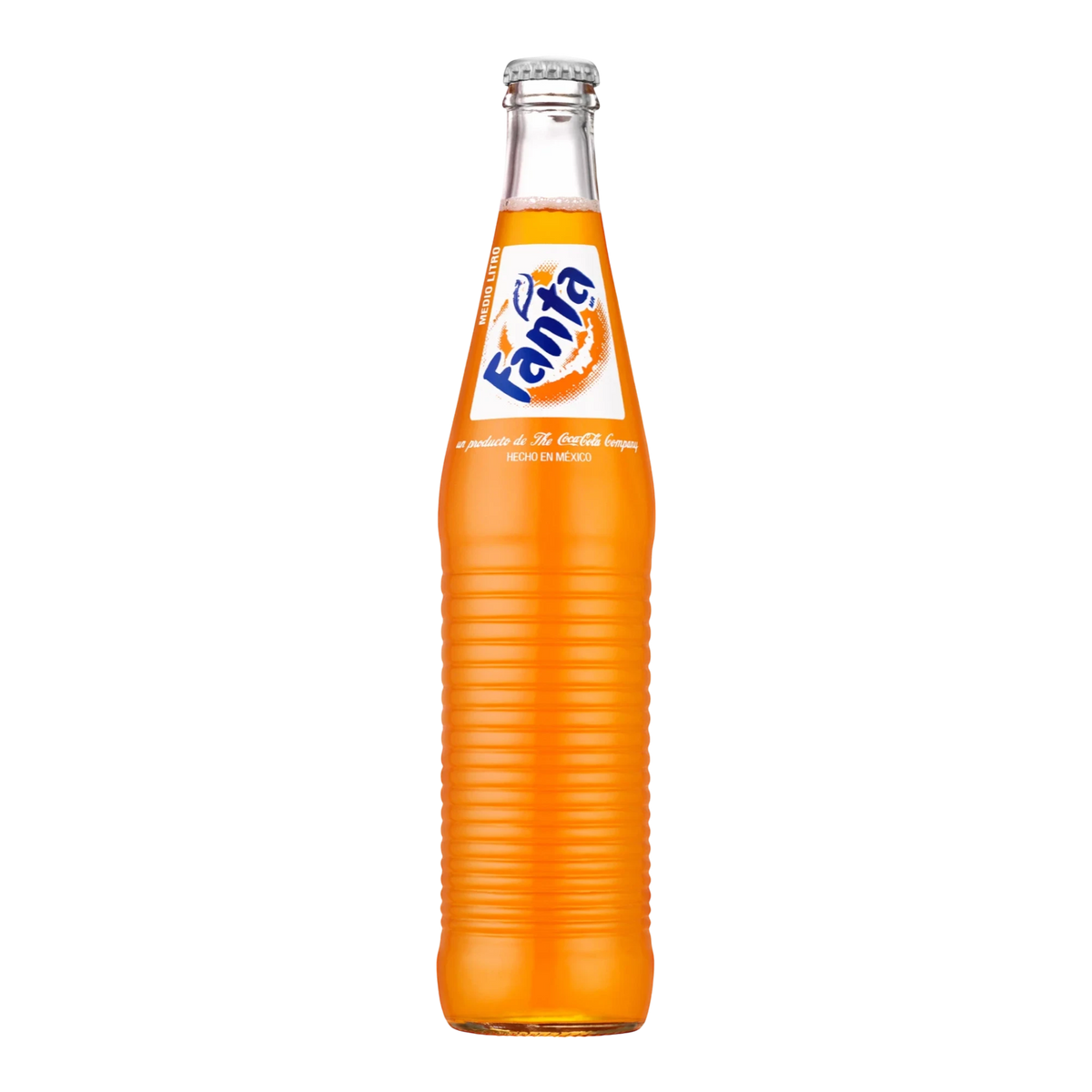 Dulceria 915 Fanta Orange soda in a glass bottle with iconic orange label. Refreshing carbonated beverage.