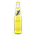 Dulceria 915 Fanta Piña pineapple soda in a clear glass bottle with a yellow cap. Refreshing tropical beverage.