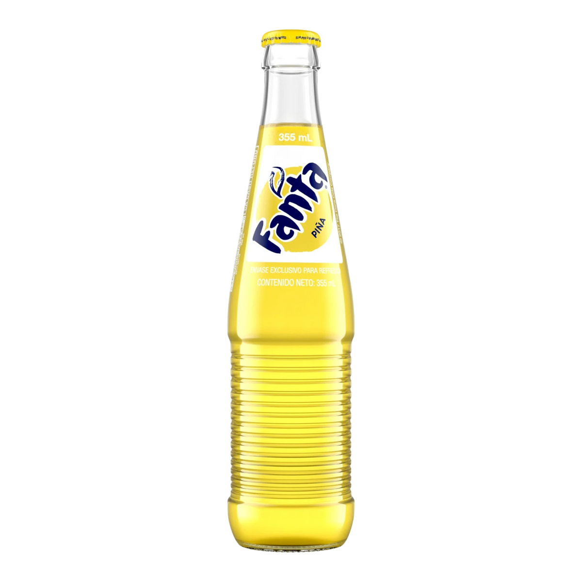 Dulceria 915 Fanta Piña pineapple soda in a clear glass bottle with a yellow cap. Refreshing tropical beverage.