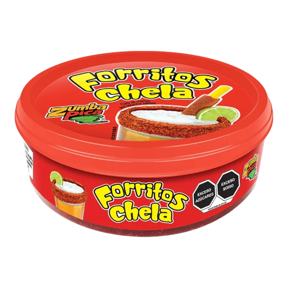 Dulceria 915 Forritos Chela rim dip paste for drinks, 8oz container with chamoy and lime garnish illustration.