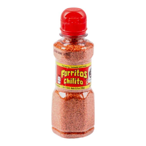 Dulceria 915 Forritos Chilito chili seasoning for fruit, 165g bottle with red cap.