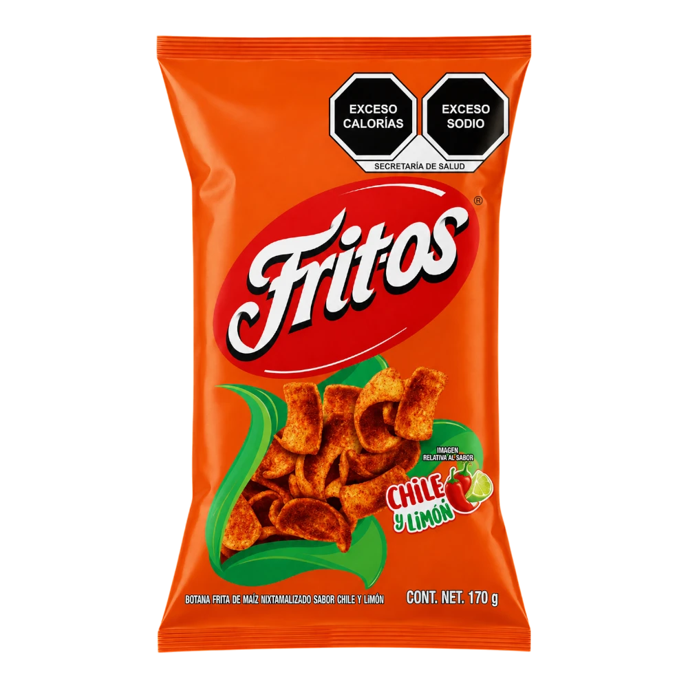 Dulceria 915 Fritos Chile y Limon corn chips, 170g bag with chili and lime flavor.