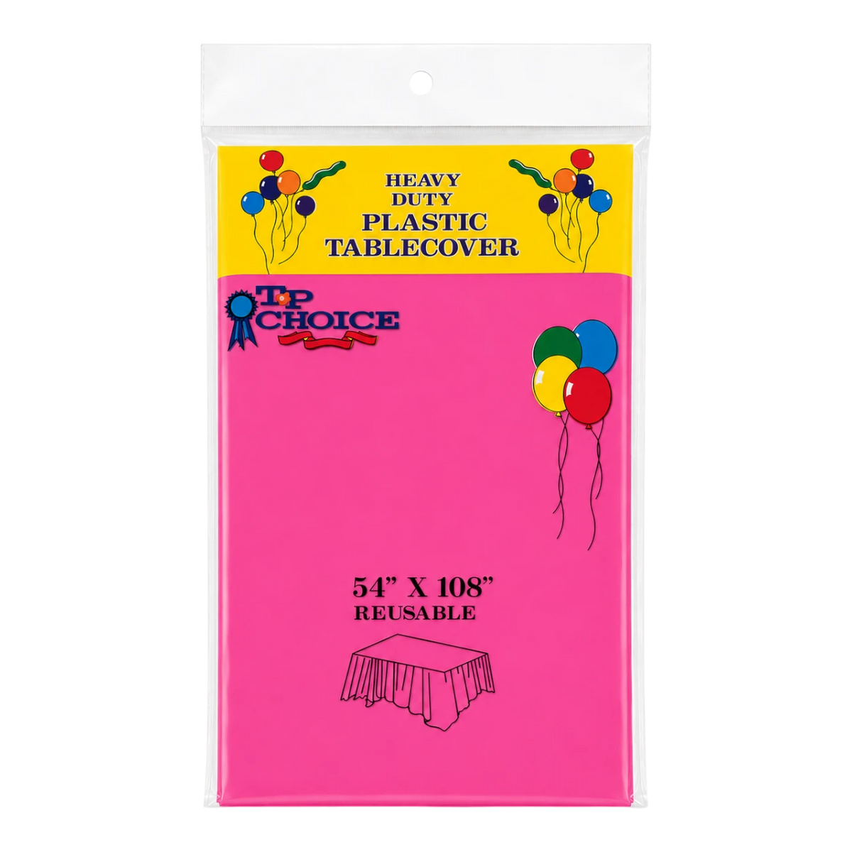 Dulceria 915 fuchsia plastic tablecloth in packaging, measuring 54 by 108 inches for party table protection.
