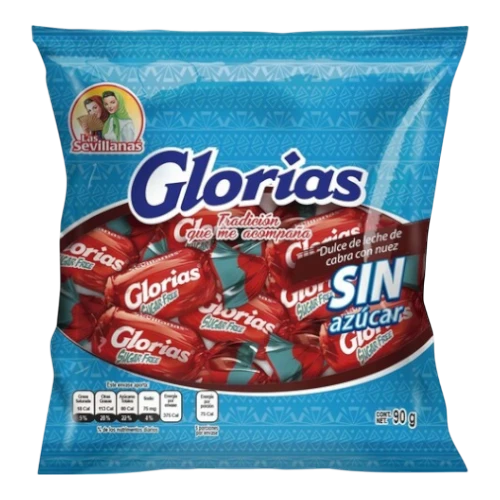 Dulceria 915 Glorias Sugar Free candies, individually wrapped in red and teal foil. 90g bag.