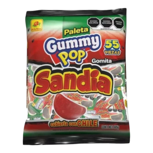 Dulceria 915 Gummy Pop Watermelon gummies covered in chili, 55 pieces, 605g bag.
